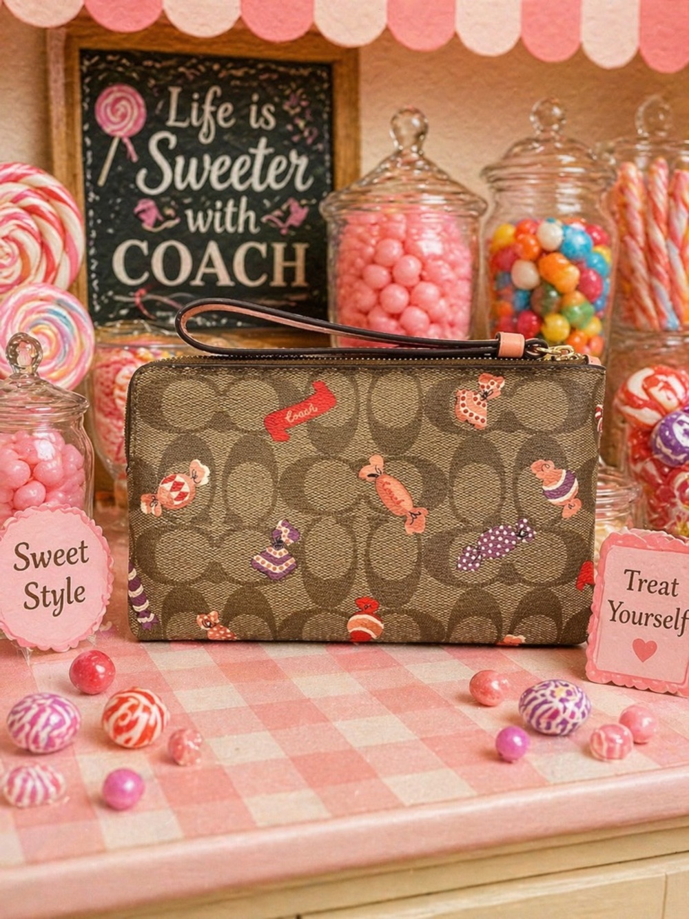 Coach Candy Print Large Corner Zip Wristlet In Signature Canvas NWOT - Picture 2 of 5